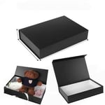 the black custom wholesale rectangle plain magnetic flip box with three different states, which are open, close, and with gifts inside