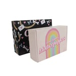 the front of two custom colorful mailer boxes in different appearance, one stands behind another