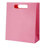 one custom pink paper bag with die-cut handles