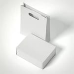 one custom white paper bag with die-cut handles and a white box