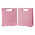 two custom pink paper bag with die-cut handles that stand side by side