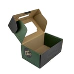 the custom corrugated roll end tuck top box with window in the open state from the side angle