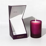 the purple custom candle rigid box with a hinged lid with a candle beside