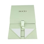 the unfolded custom green rigid box with ribbon closure from the front angle