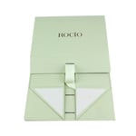 the unfolded custom green rigid box with ribbon closure from the front angle