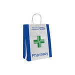 one blue and white custom pharmacy bag with twisted handles stands here