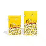 Two printed custom paper popcorn bags, one large and one small, and stand side by side, display the front of them