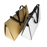 diplay the two custom fancy triangle style paper bags in different colours from the side angle