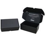 two custom black tuck top mailer boxes in the open and colsed states