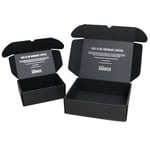 two custom black tuck top mailer boxes in the open state